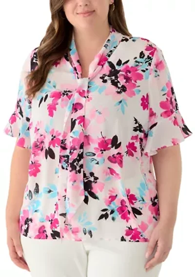 Plus Tie Neck Flutter Sleeve Blouse