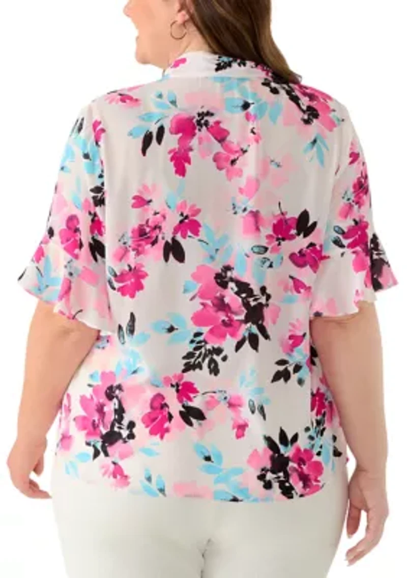 Plus Tie Neck Flutter Sleeve Blouse