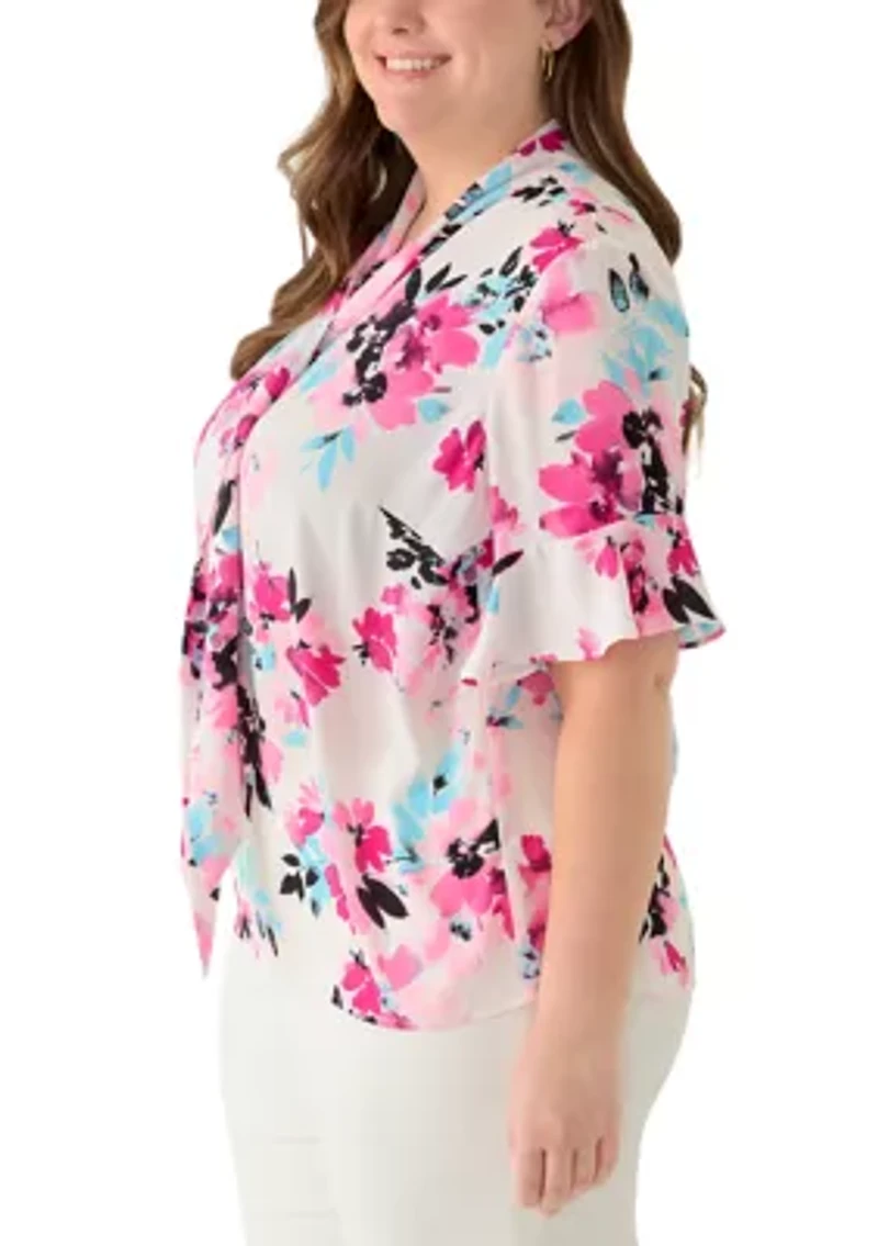 Plus Tie Neck Flutter Sleeve Blouse