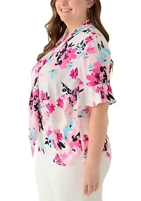 Plus Tie Neck Flutter Sleeve Blouse