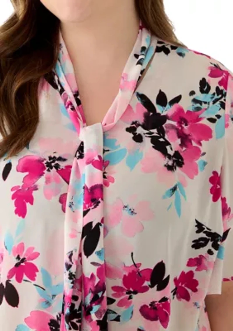 Plus Tie Neck Flutter Sleeve Blouse