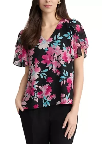 Women's Flutter Sleeve Floral Blouse