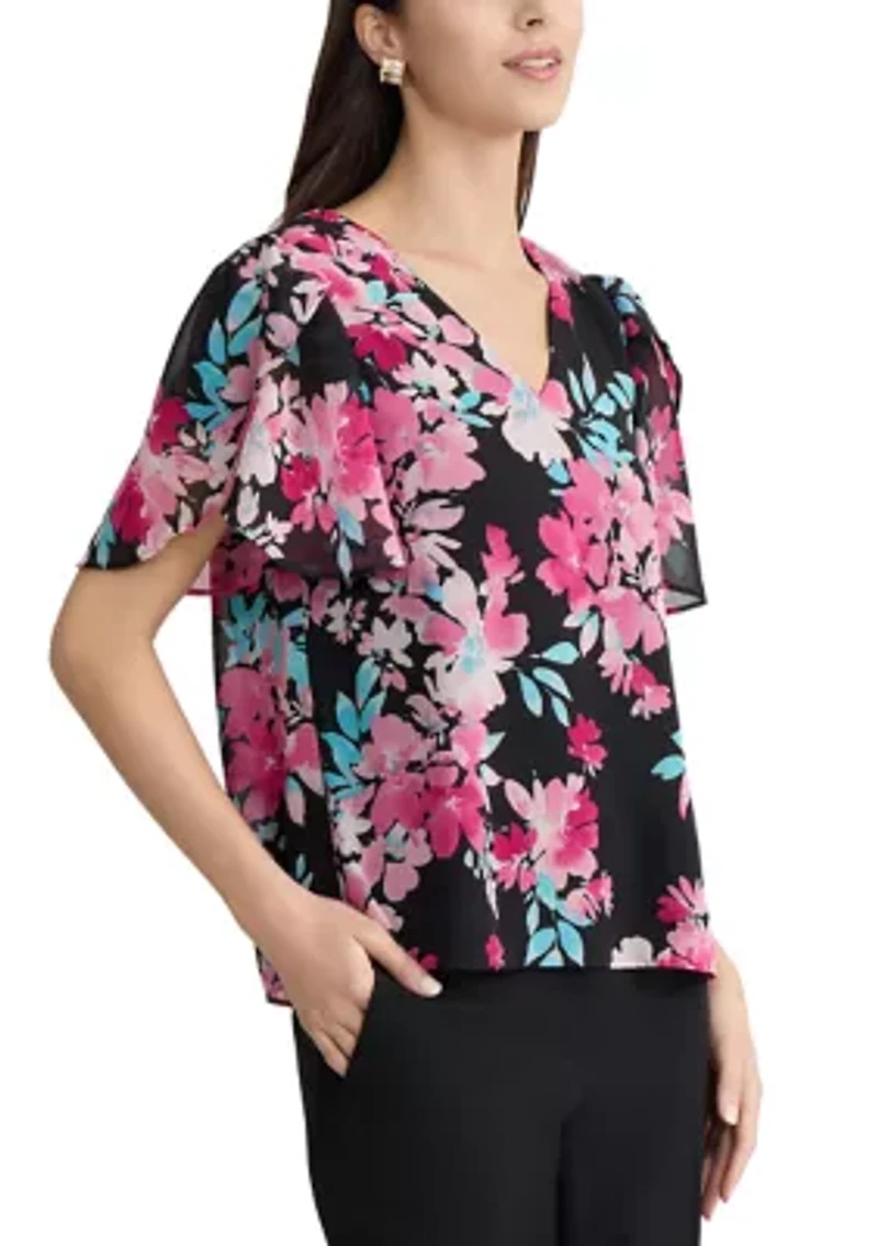 Women's Flutter Sleeve Floral Blouse