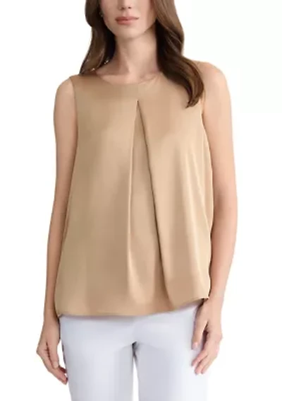 Women's Sleeveless Pleat Front Jewel Neck Top