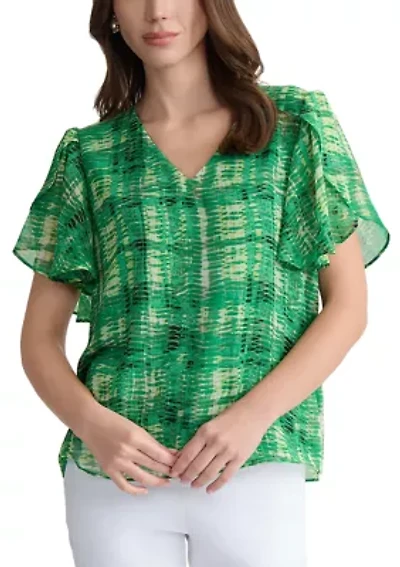 Petite Tulip Sleeve Jewel Neck Blouse