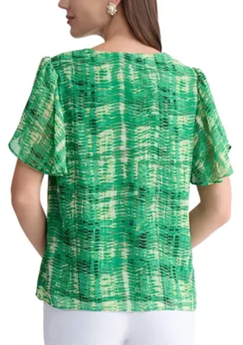 Petite Tulip Sleeve Jewel Neck Blouse