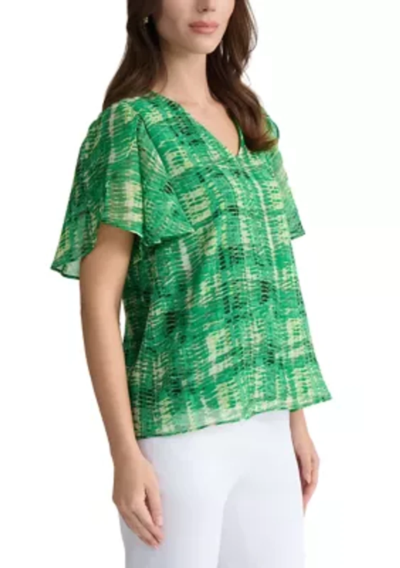 Petite Tulip Sleeve Jewel Neck Blouse