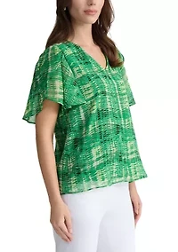Petite Tulip Sleeve Jewel Neck Blouse