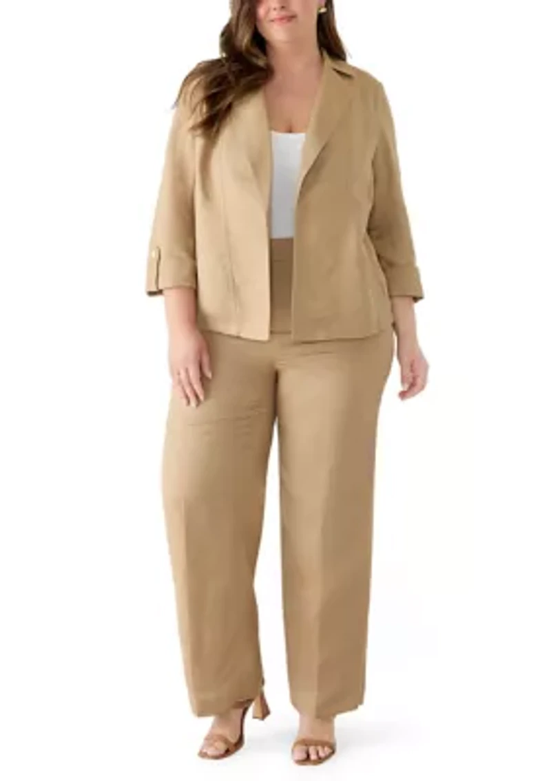 Plus Fly Front Linen Blend Pants