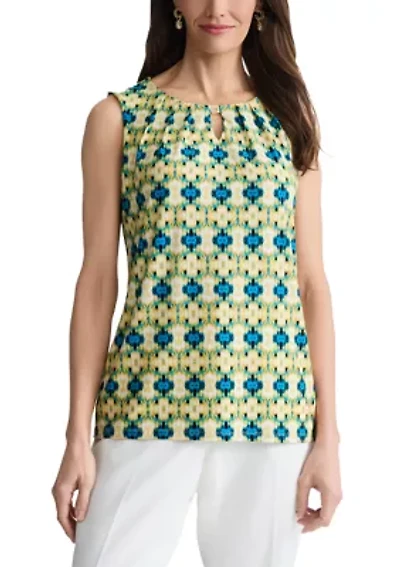 Women's Sleeveless Pleat Neck Top with Hardware