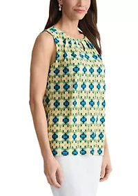 Women's Sleeveless Pleat Neck Top with Hardware