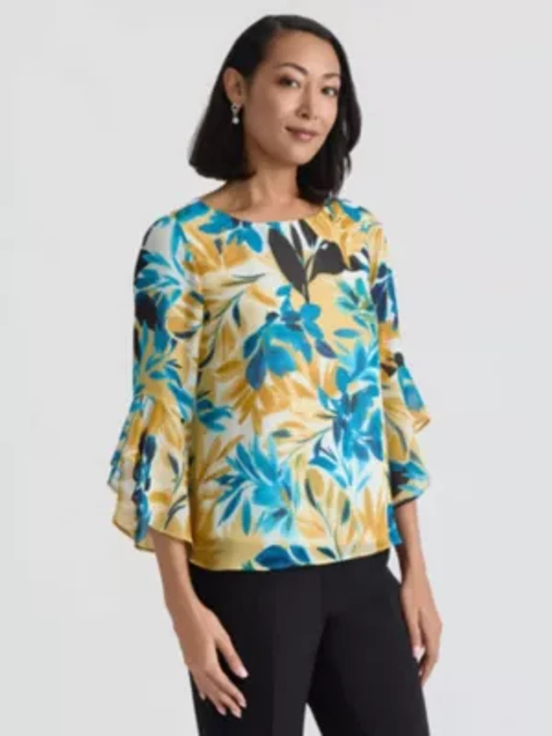Petite Multi Floral Print Ruffle Slv Blouse