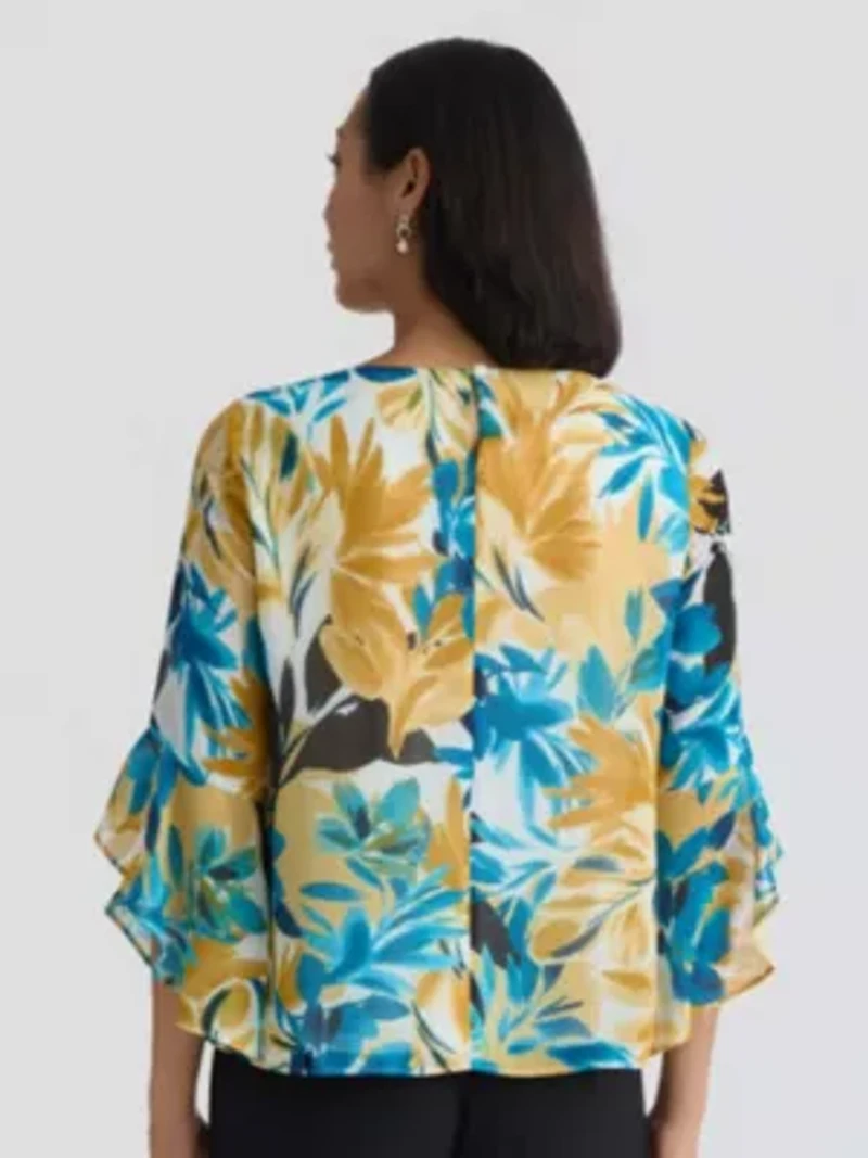Petite Multi Floral Print Ruffle Slv Blouse