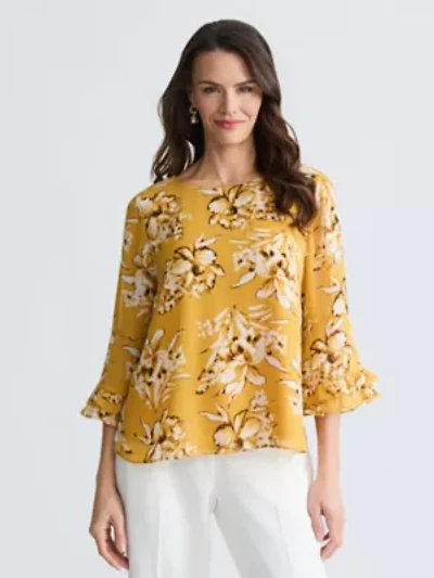 Petite Floral Print Double Ruffle Slv Blouse