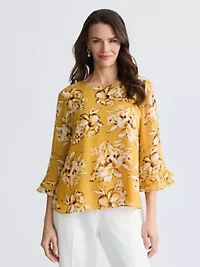 Petite Floral Print Double Ruffle Slv Blouse