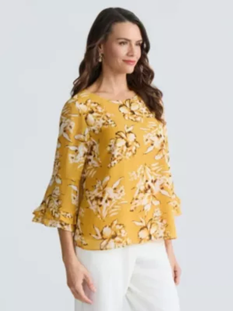 Petite Floral Print Double Ruffle Slv Blouse