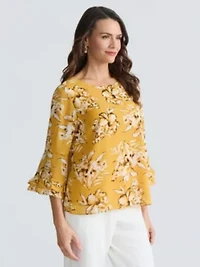 Petite Floral Print Double Ruffle Slv Blouse