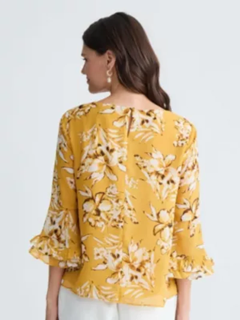 Petite Floral Print Double Ruffle Slv Blouse