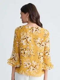 Petite Floral Print Double Ruffle Slv Blouse