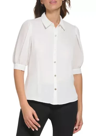 Women's Short Puff Sleeve Solid Button Down Knit Top