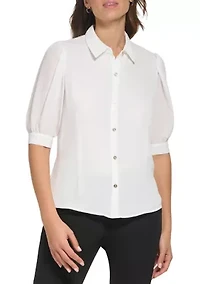 Women's Short Puff Sleeve Solid Button Down Knit Top