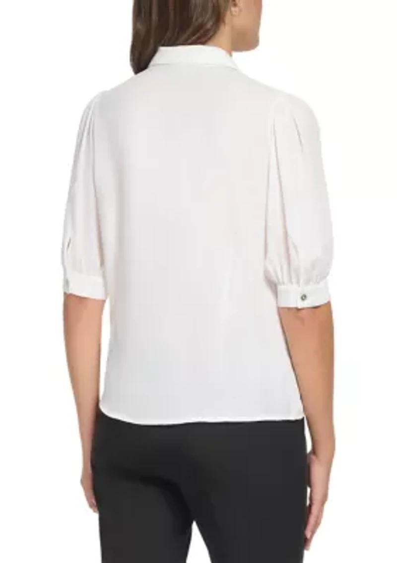 Women's Short Puff Sleeve Solid Button Down Knit Top