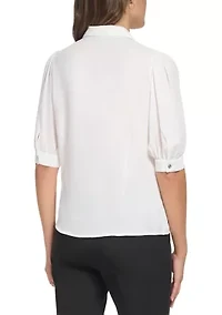 Women's Short Puff Sleeve Solid Button Down Knit Top