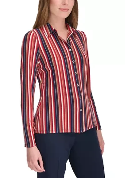 Women's Long Sleeve Multi Stripe Knit Button Up Shirt
