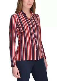 Women's Long Sleeve Multi Stripe Knit Button Up Shirt