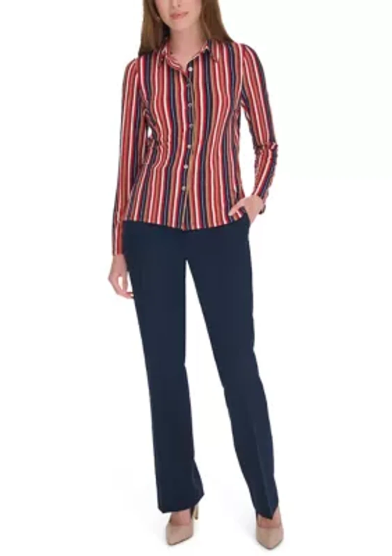 Women's Long Sleeve Multi Stripe Knit Button Up Shirt