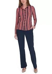 Women's Long Sleeve Multi Stripe Knit Button Up Shirt