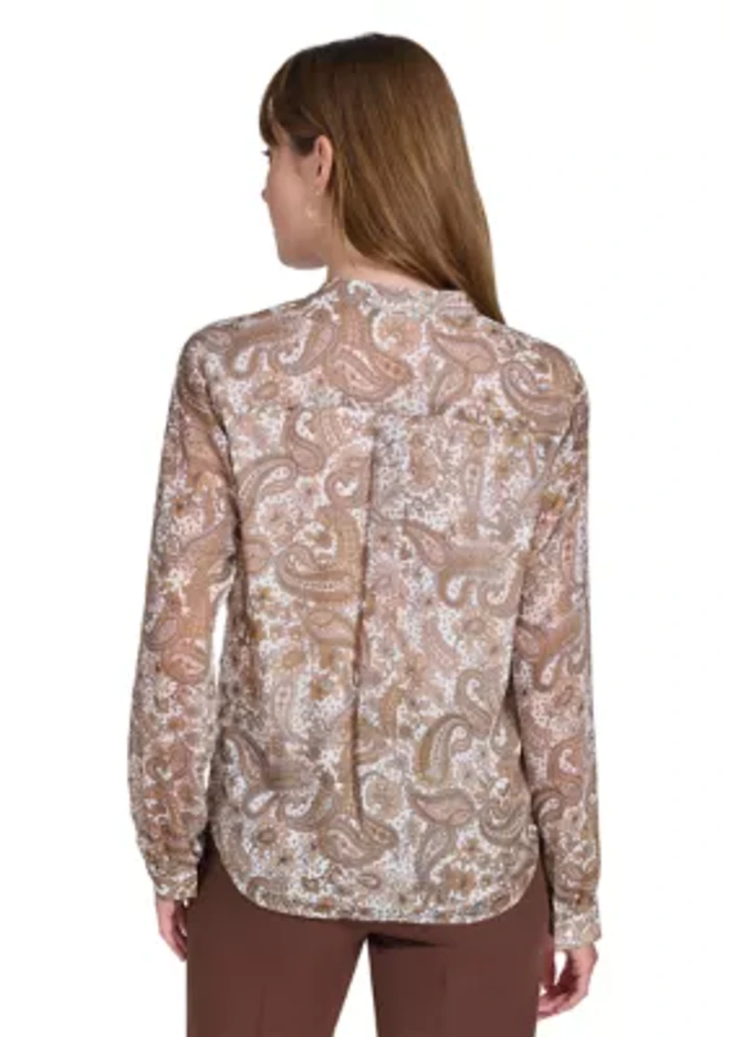 Women's Long Sleeve Paisley Ruffle Blouse