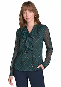 Women's Long Sleeve Plaid Ruffle Neck Blouse