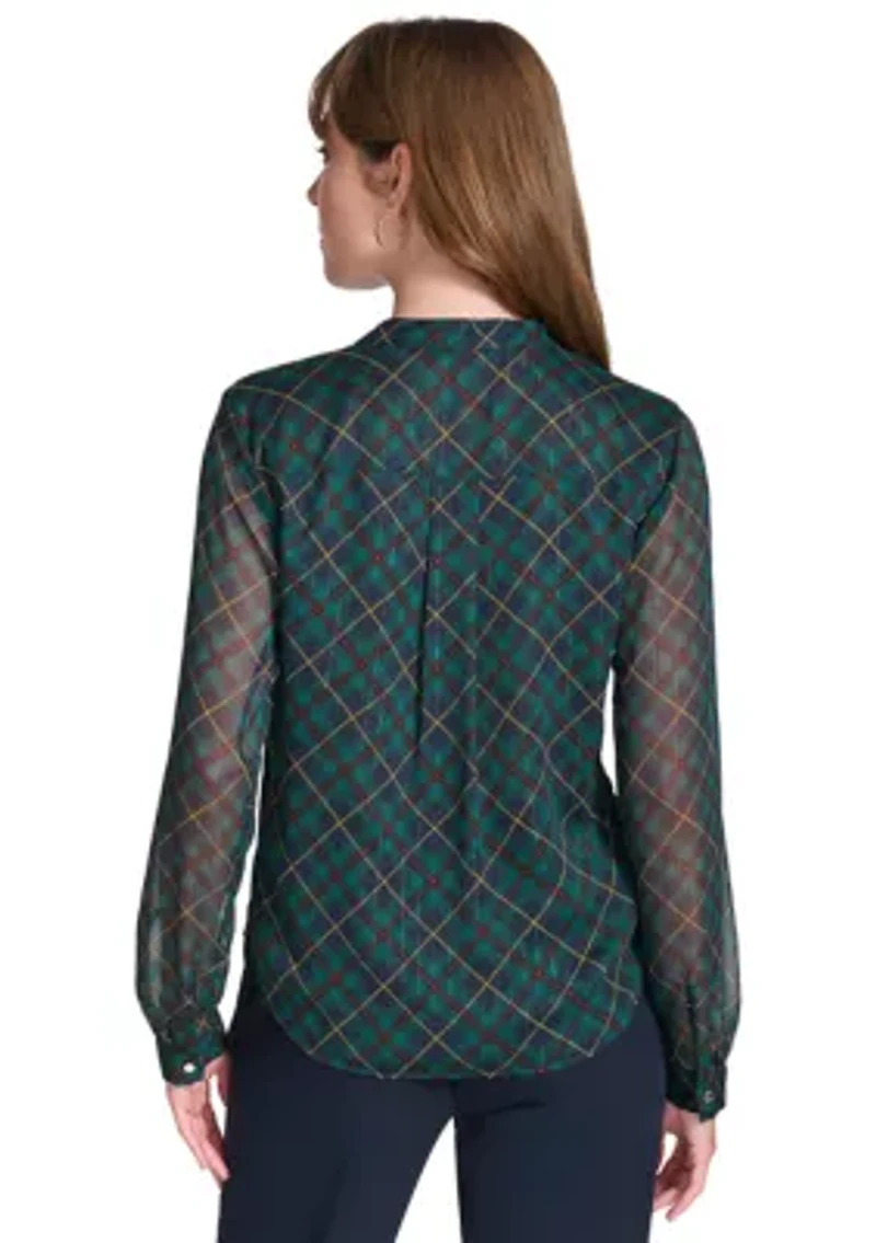 Women's Long Sleeve Plaid Ruffle Neck Blouse