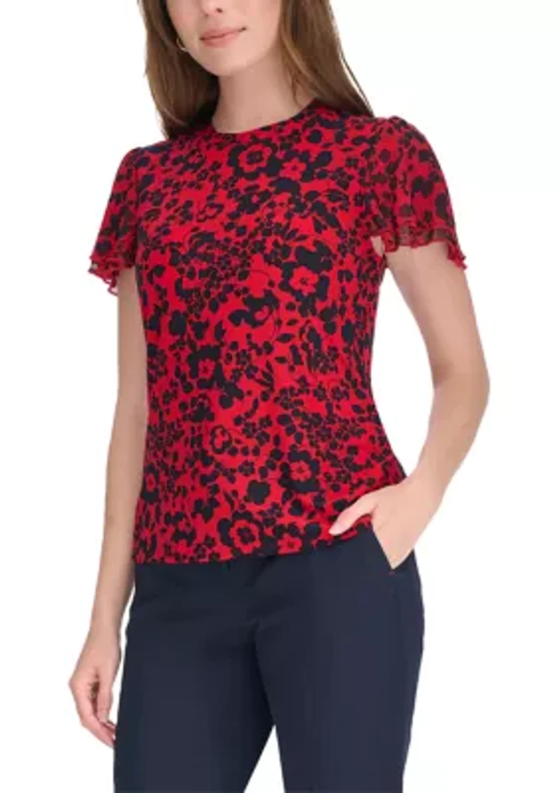 Women's Floral Print Double Flutter Sleeve Top