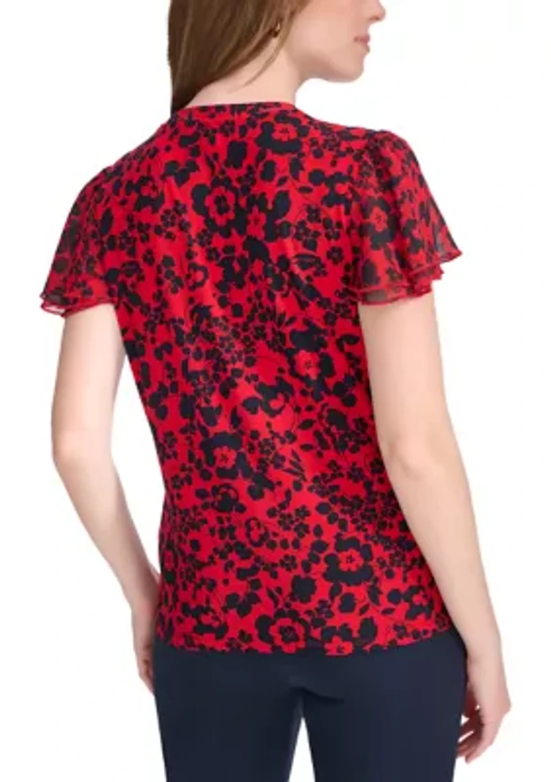 Women's Floral Print Double Flutter Sleeve Top