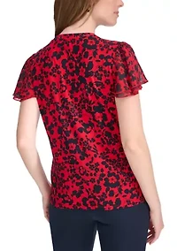 Women's Floral Print Double Flutter Sleeve Top