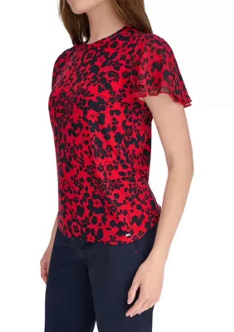 Women's Floral Print Double Flutter Sleeve Top