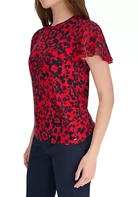 Women's Floral Print Double Flutter Sleeve Top
