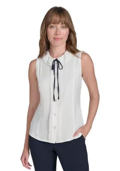 Women's Sleeveless Mixed Media Ruffle Neck Blouse