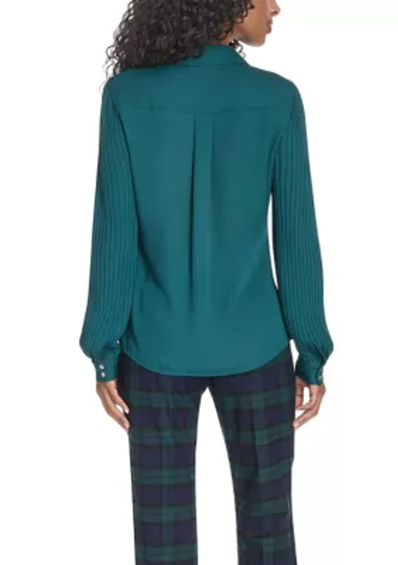 Women's Pleated Sleeve Button Front Blouse