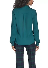 Women's Pleated Sleeve Button Front Blouse