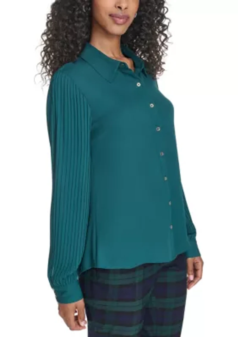 Women's Pleated Sleeve Button Front Blouse