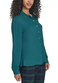Women's Pleated Sleeve Button Front Blouse