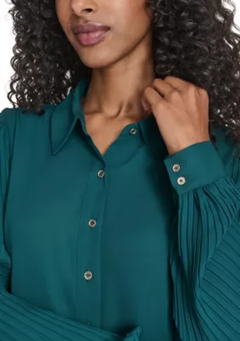 Women's Pleated Sleeve Button Front Blouse