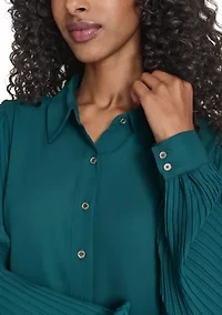 Women's Pleated Sleeve Button Front Blouse