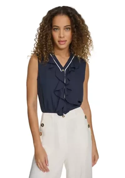Women's Sleeveless Button Front Ruffle Blouse