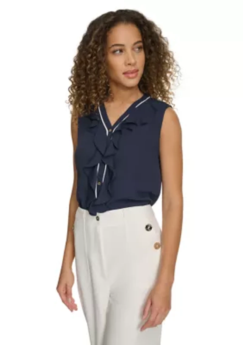 Women's Sleeveless Button Front Ruffle Blouse