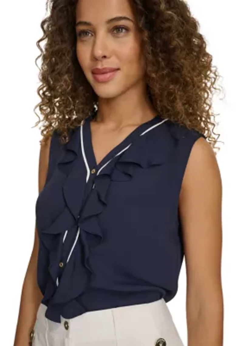 Women's Sleeveless Button Front Ruffle Blouse