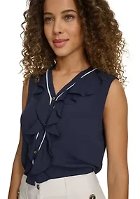 Women's Sleeveless Button Front Ruffle Blouse